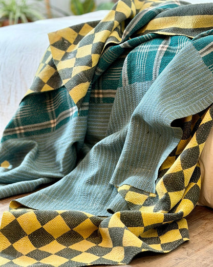 Large Fine Stitched Vintage Kantha Quilt in Diamond Pattern Yellow and Green - Biggs & Hill