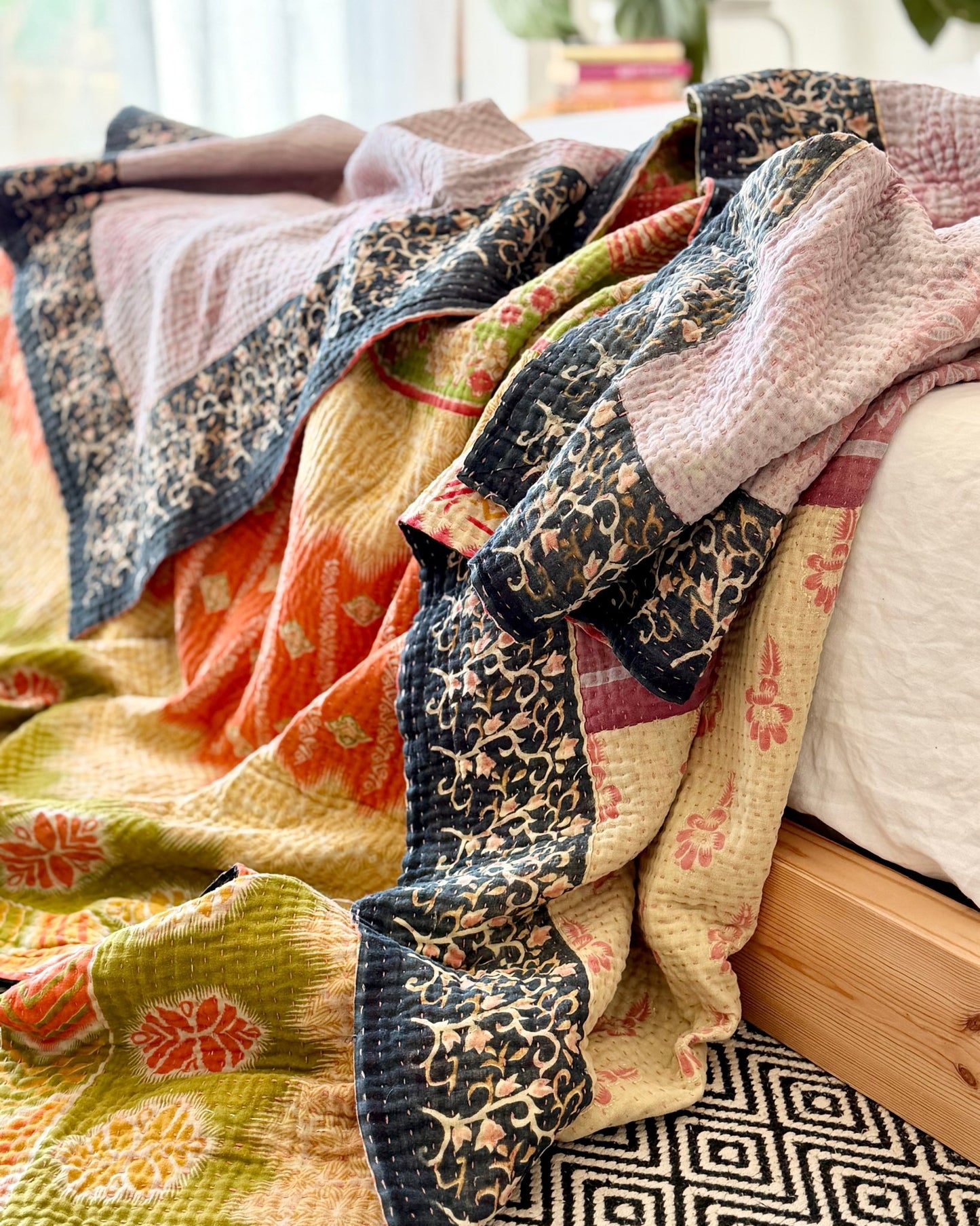 Large Fine Stitched Vintage Kantha Quilt in Orange, Green, Lilac and Yellow - Biggs & Hill