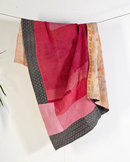 Fine Stitched Vintage Kantha Quilt in Vibrant Pink and Grey Patchwork