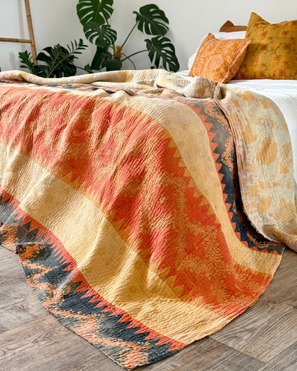 Fine Stitched Vintage Kantha Quilt in Beige and Orange Zig Zags - Biggs & Hill