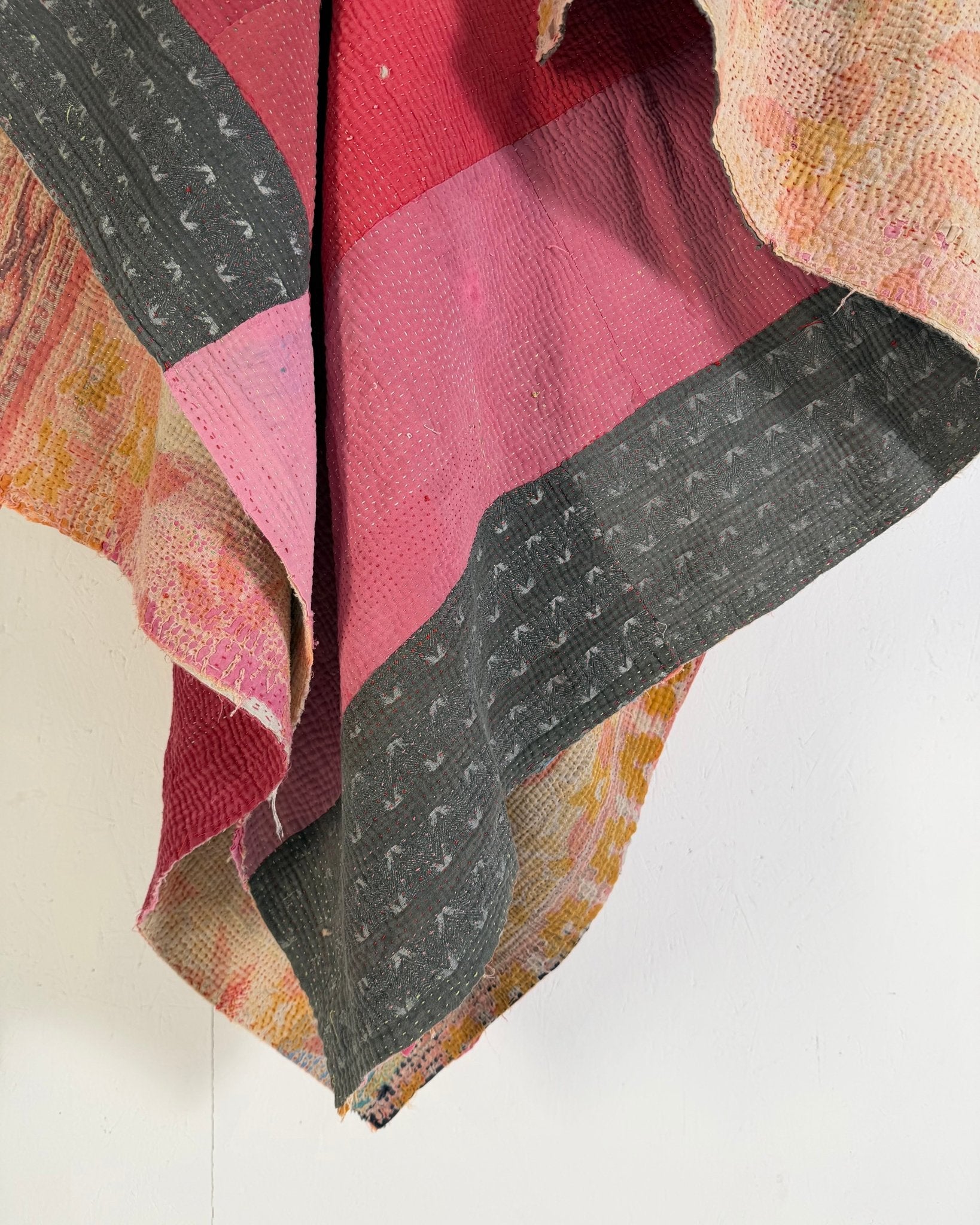 Fine Stitched Vintage Kantha Quilt in Vibrant Pink and Grey Patchwork - Biggs & Hill
