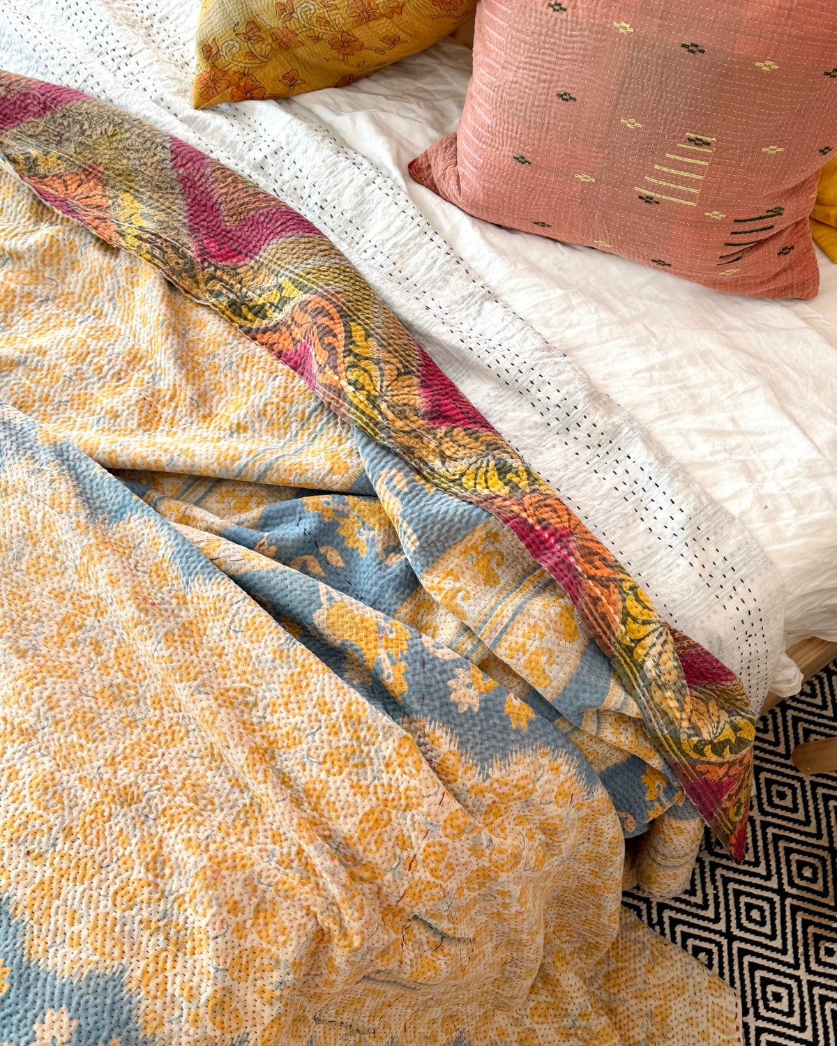 Large Textured Vintage Kantha Quilt in Geometric Pink and yellow - Biggs & Hill