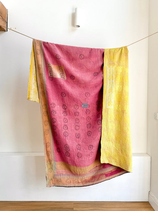 Extra Large Fine Stitched Vintage Kantha Quilt in Pink And Yellow - Biggs & Hill