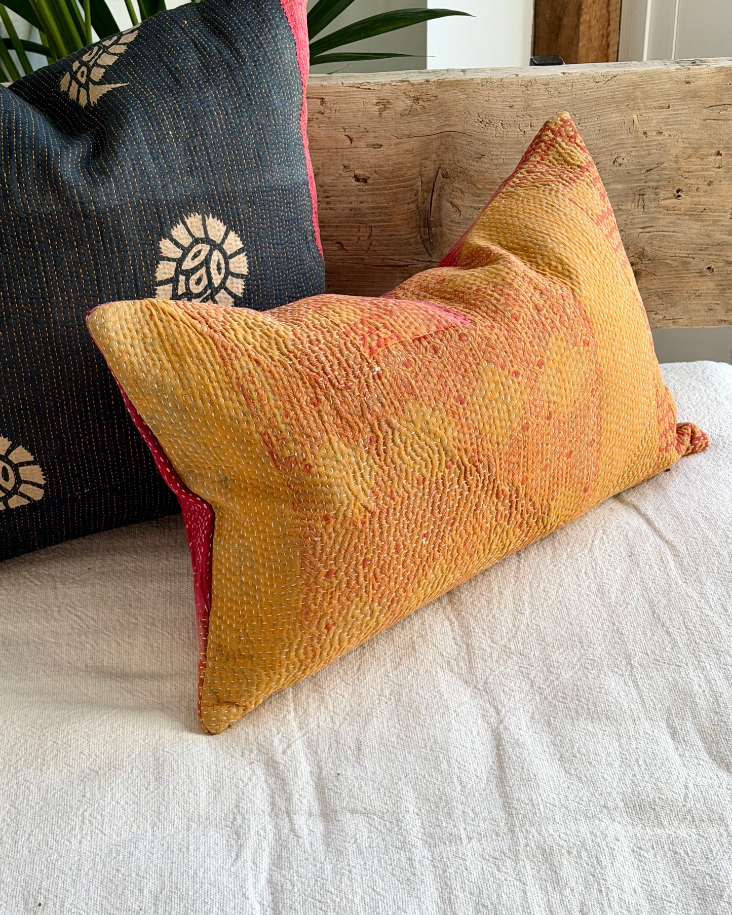 Vintage Kantha Cushion In Pink and Yellow - Small Rectangular