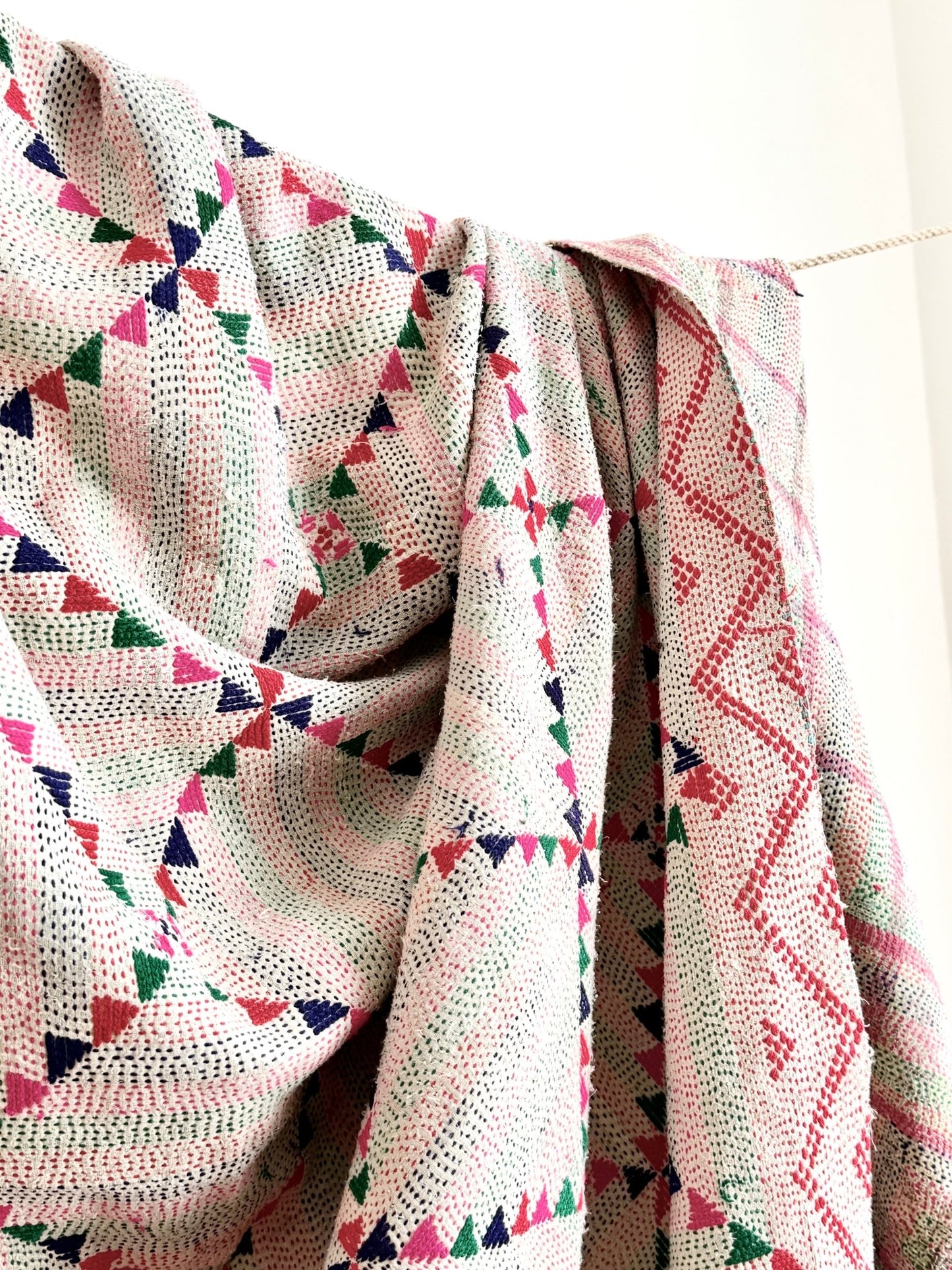 Project Kantha Quilt: Off - white With Geometric Embroidery - Biggs & Hill