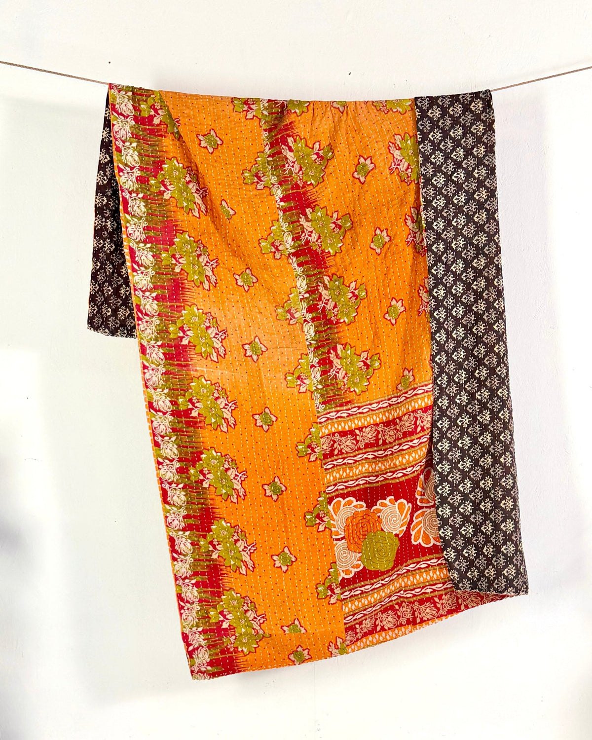 Vintage Cotton Kantha Quilt In Orange and Blue 02 - Biggs & Hill