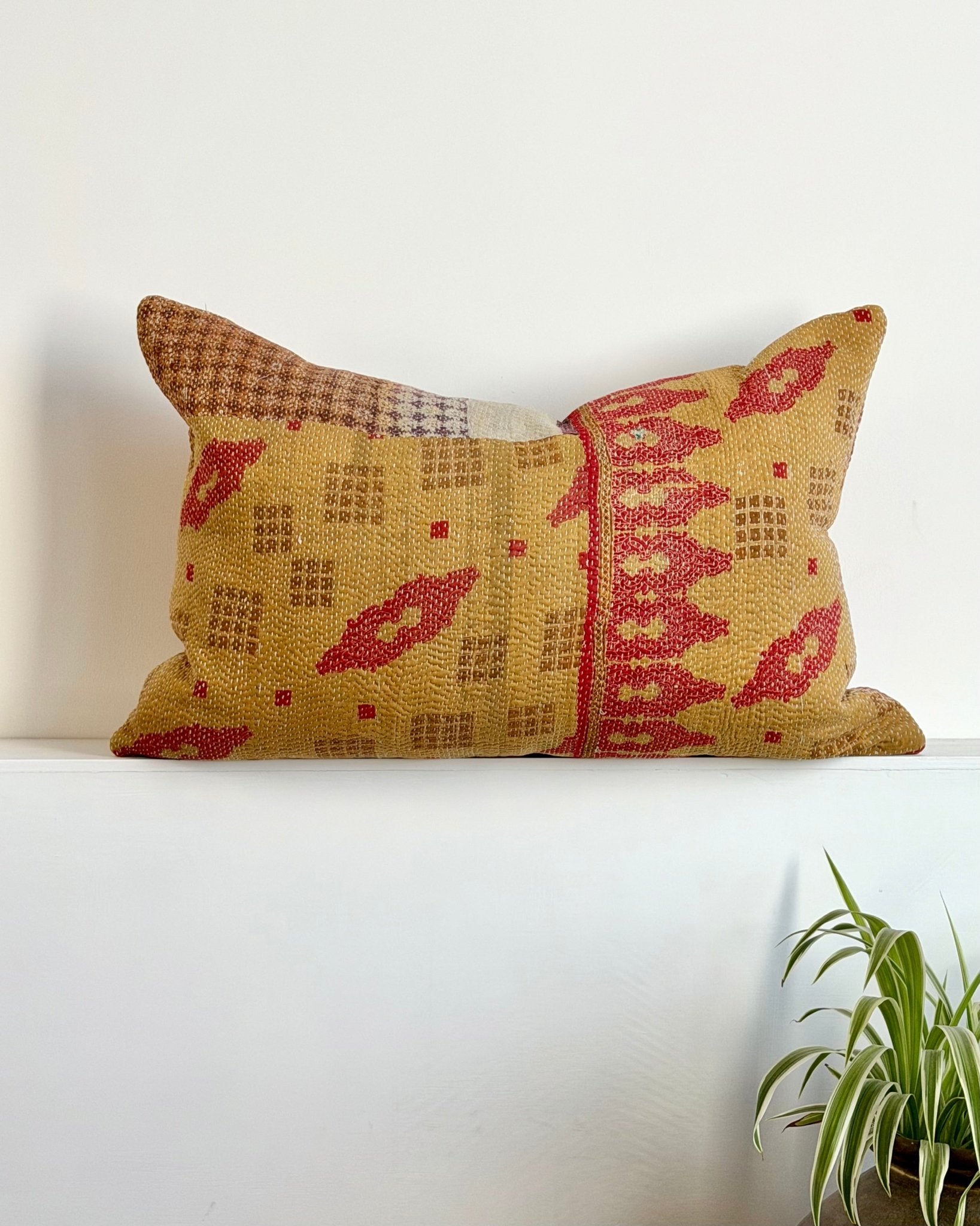 Handmade Vintage Kantha Cushion In Mustard Yellow And Red - Large Rectangular - Biggs & Hill