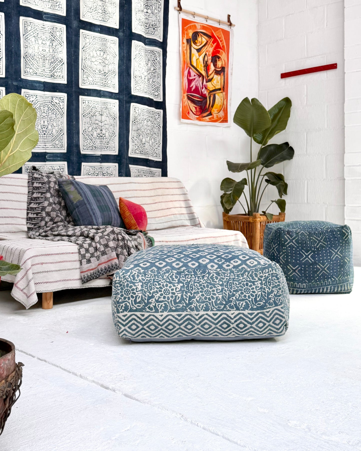 Extra Large Square Kantha Pouf Cushion Cover in Indigo Block Print