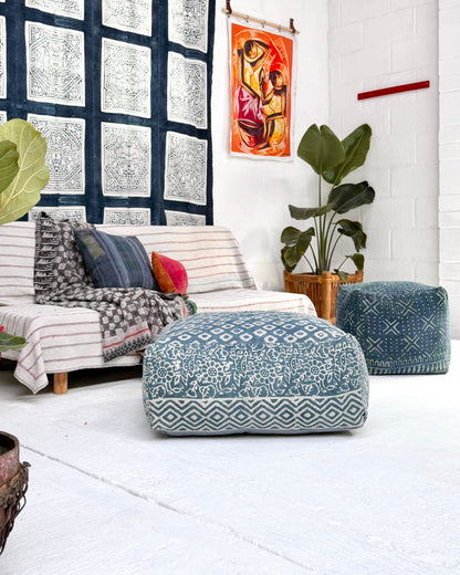 Extra Large Square Kantha Pouf Cushion Cover in Indigo Block Print