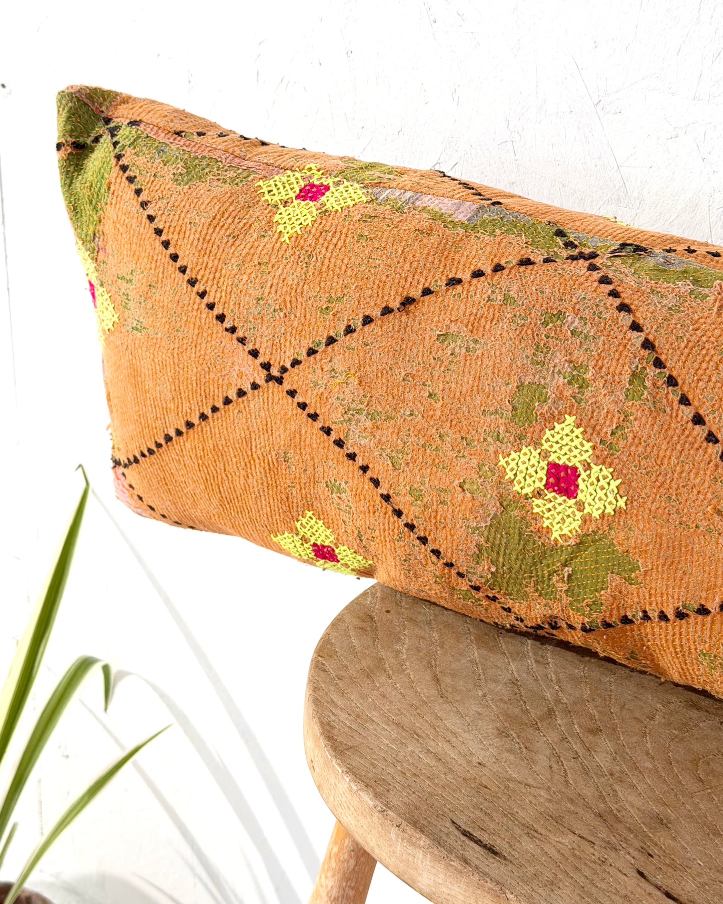 Vintage Kantha Bolster Cushion Cover In Textured Green and Orange 80cm