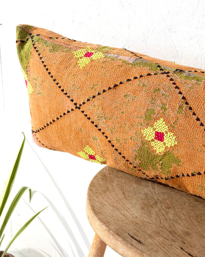 Vintage Kantha Bolster Cushion Cover In Textured Green and Orange 80cm