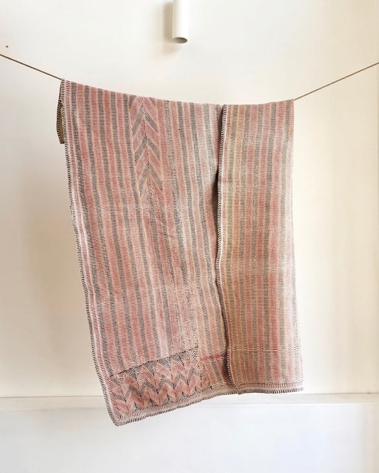 Small Heavy Vintage Lohori Kantha Quilt in Pink and Yellow Stripes - Biggs & Hill