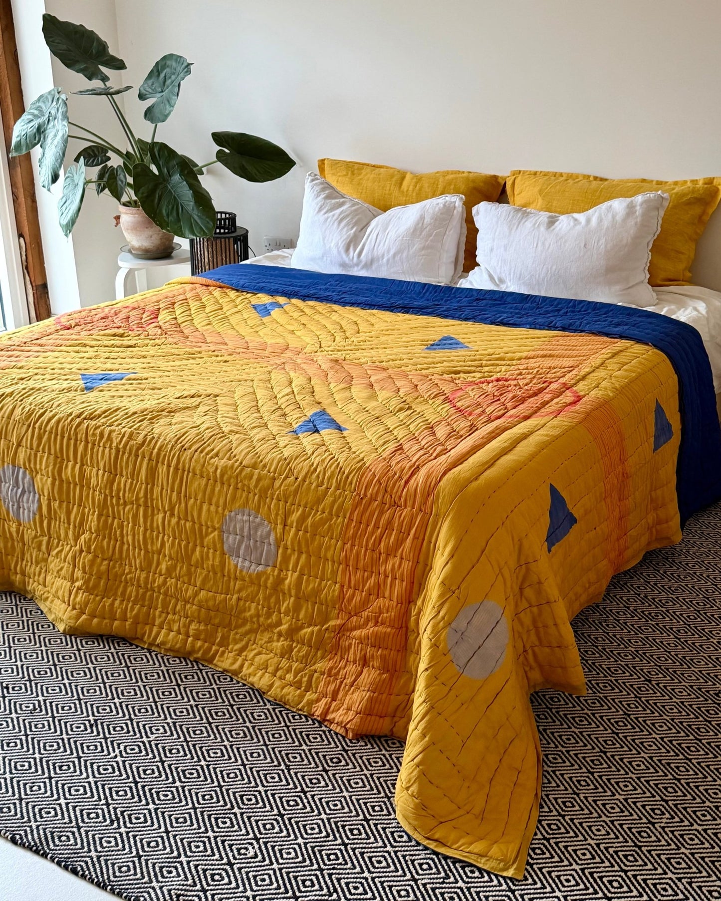 Quilted Kantha In Blue and Yellow With Geometric Patterns - SUPER KING - Biggs & Hill
