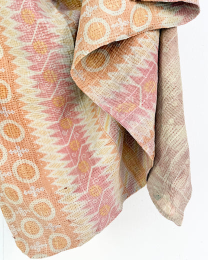 Textured Vintage Kantha Quilt In Pink and Yellow