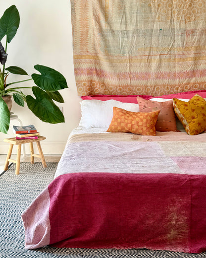 Extra Large Textured Vintage Kantha Quilt in Pink Colour Block and Peachy Pastels