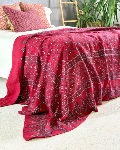 Ajrakh Printed Vintage Kantha Quilt in Deep Red - Biggs & Hill