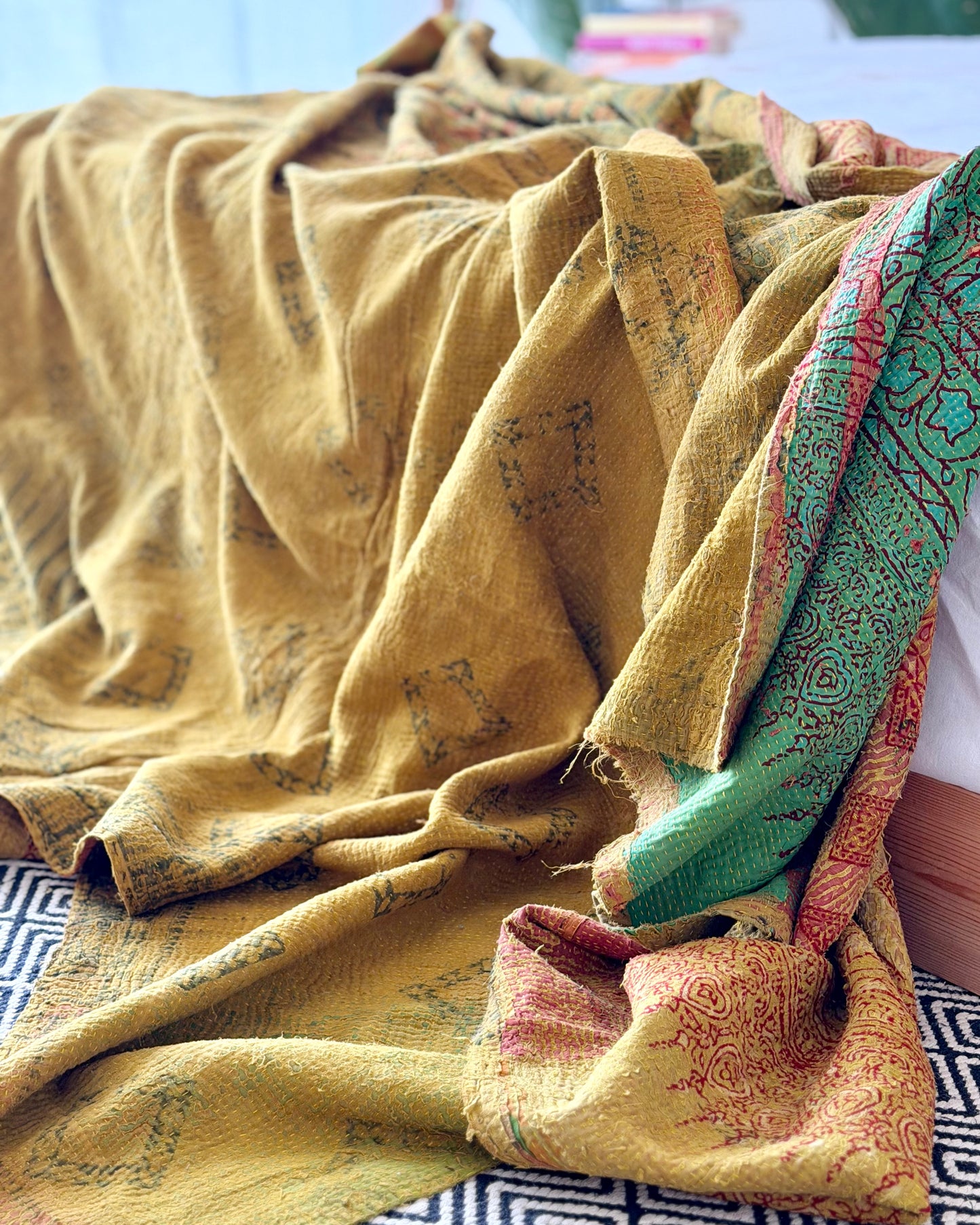 Extra Large Ajrakh Printed Vintage Kantha Quilt In Green-Gold