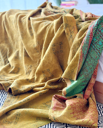 Extra Large Ajrakh Printed Vintage Kantha Quilt In Green-Gold