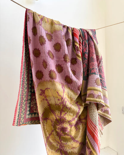 Fine Stitched Vintage Kantha Quilt in Super Soft Pink and Purple