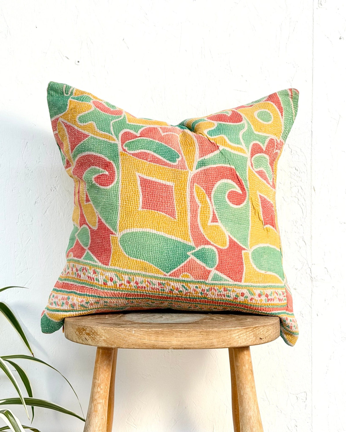 Handmade Vintage Kantha Cushion Cover In Green and Yellow - 45cm (18") Square - Biggs & Hill