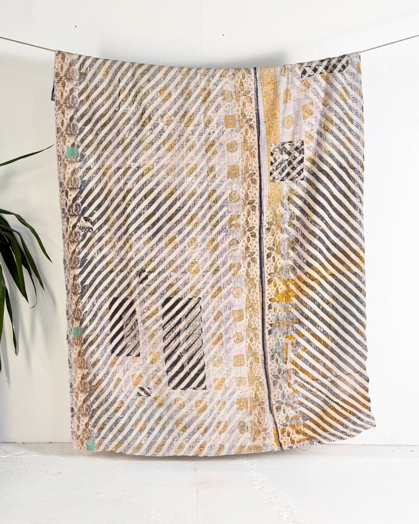 Textured Vintage Kantha Quilt in Pastel Floral with Grey Stripes - Biggs & Hill