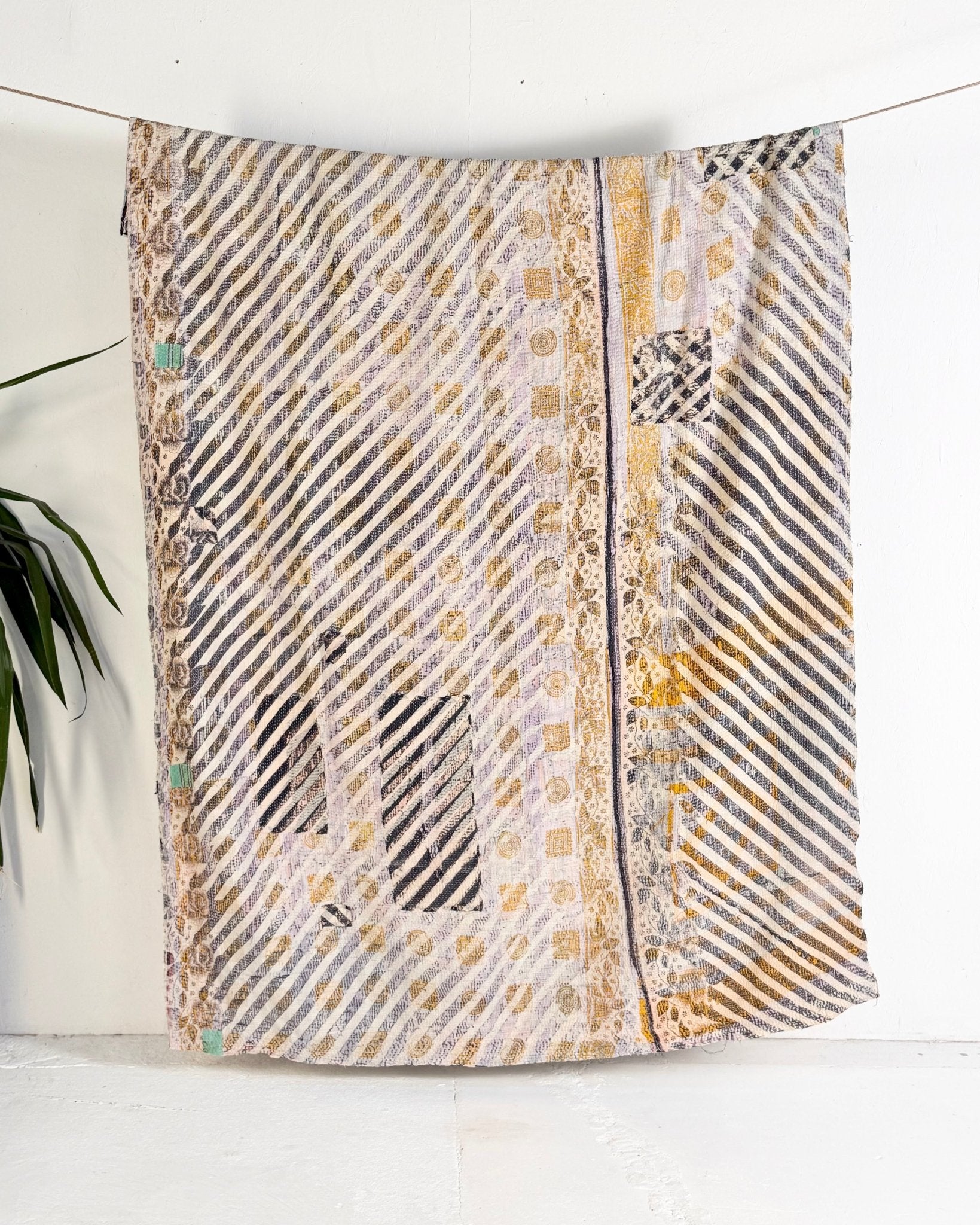 Textured Vintage Kantha Quilt in Pastel Floral with Grey Stripes - Biggs & Hill