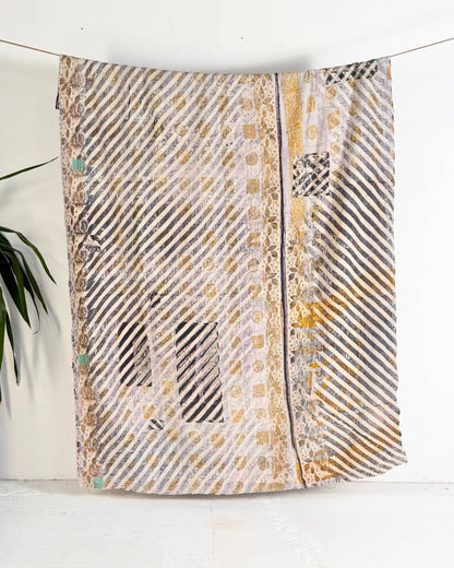 Textured Vintage Kantha Quilt in Pastel Floral with Grey Stripes - Biggs & Hill