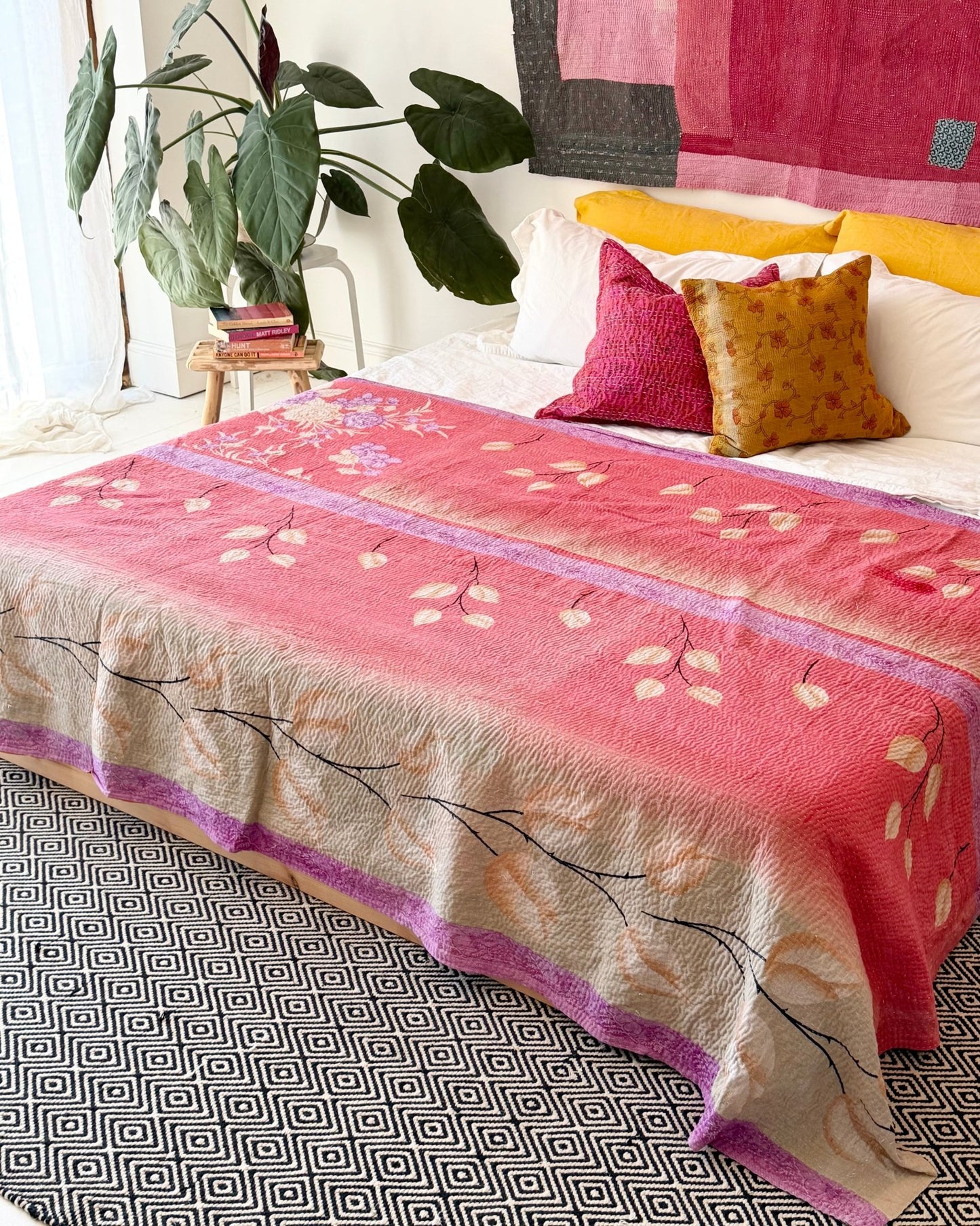 Extra Large Fine Stitched Vintage Kantha Quilt in Pink Floral, Yellow and Blue - Biggs & Hill