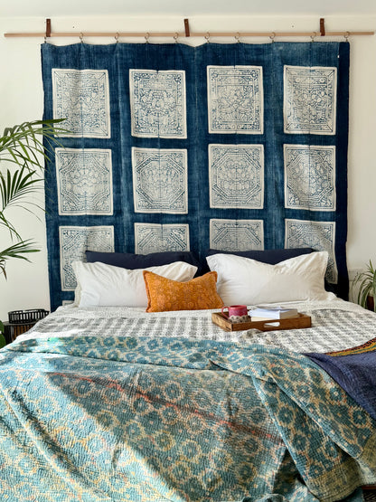 Vintage Chinese Blue Jiaxie Wedding Quilt Face – Drama Pattern