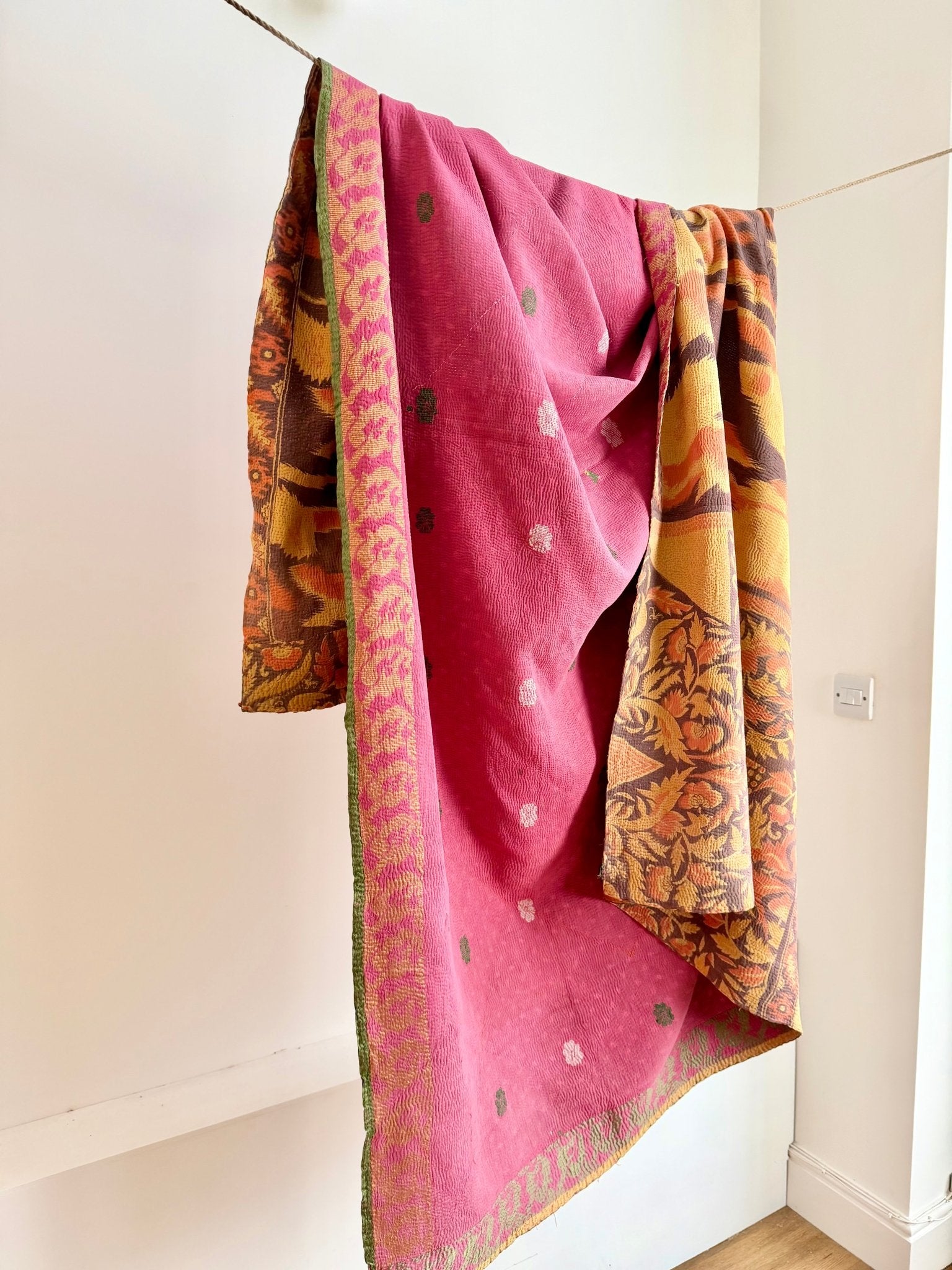 Large Fine Stitched Vintage Kantha Quilt With Yellow and Brown Flame Pattern - Biggs & Hill