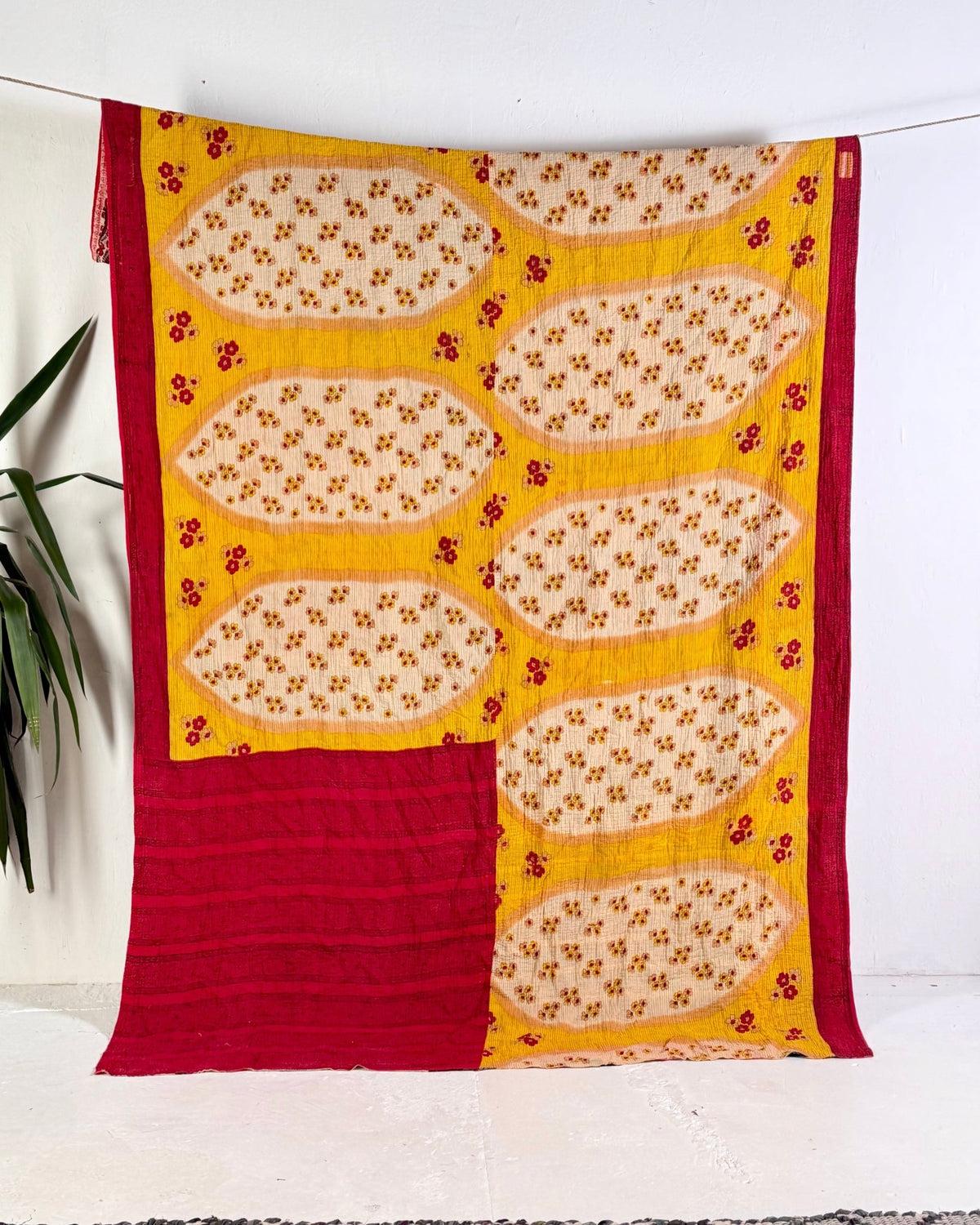 Extra Large Fine Stitched Vintage Kantha Quilt in Geometric Red and Yellow - Biggs & Hill