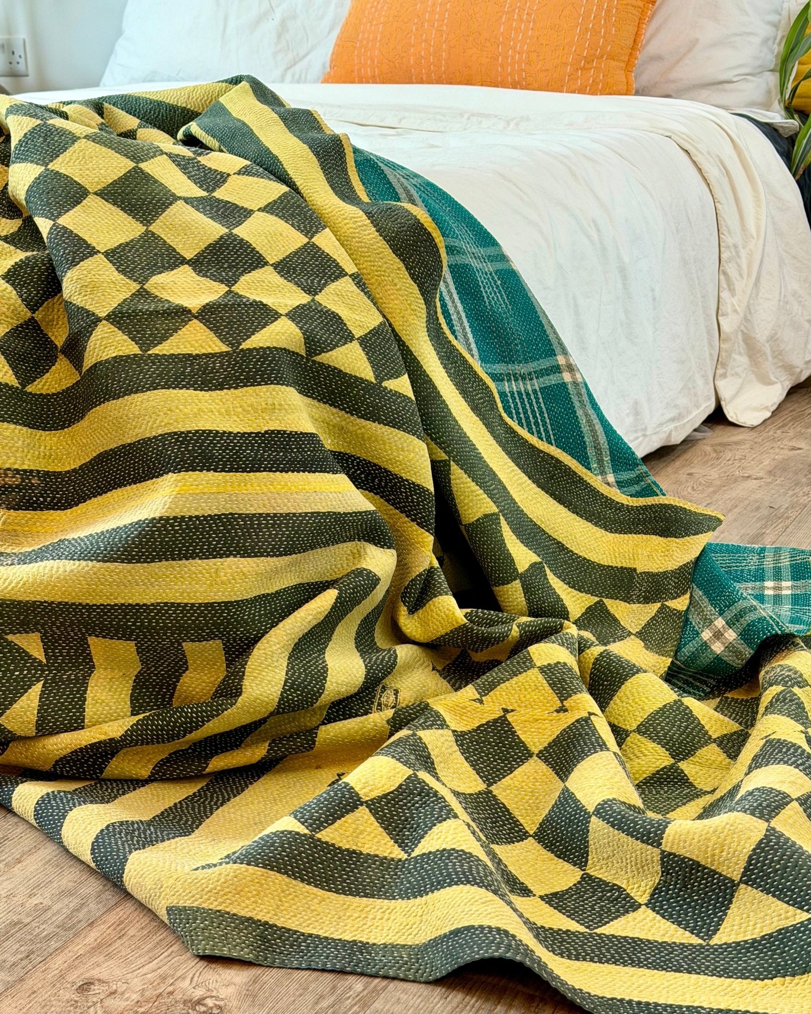 Large Fine Stitched Vintage Kantha Quilt in Diamond Pattern Yellow and Green - Biggs & Hill