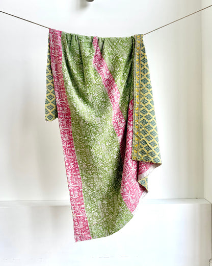 Vintage Cotton Kantha Quilt In Green and Pink #45