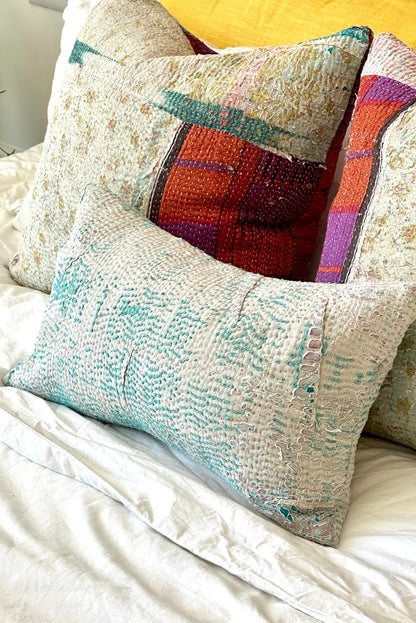 Vintage Kantha Cushion In Light Blue - Small Rectangular - Biggs & Hill