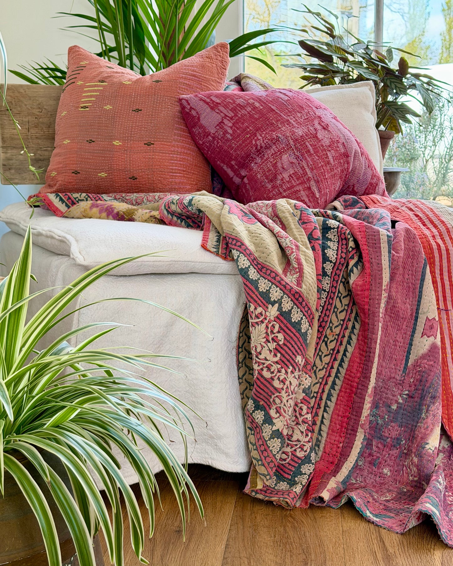 Fine Stitched Vintage Kantha Quilt in Super Soft Pink and Purple