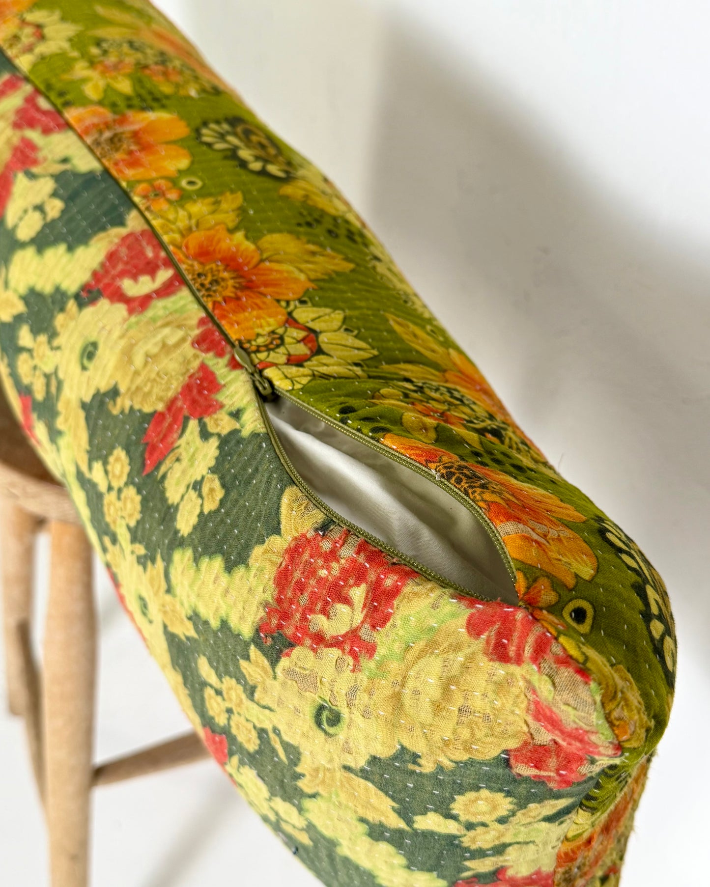 Vintage Kantha Bolster Cushion Cover In Green Floral 30 x 100