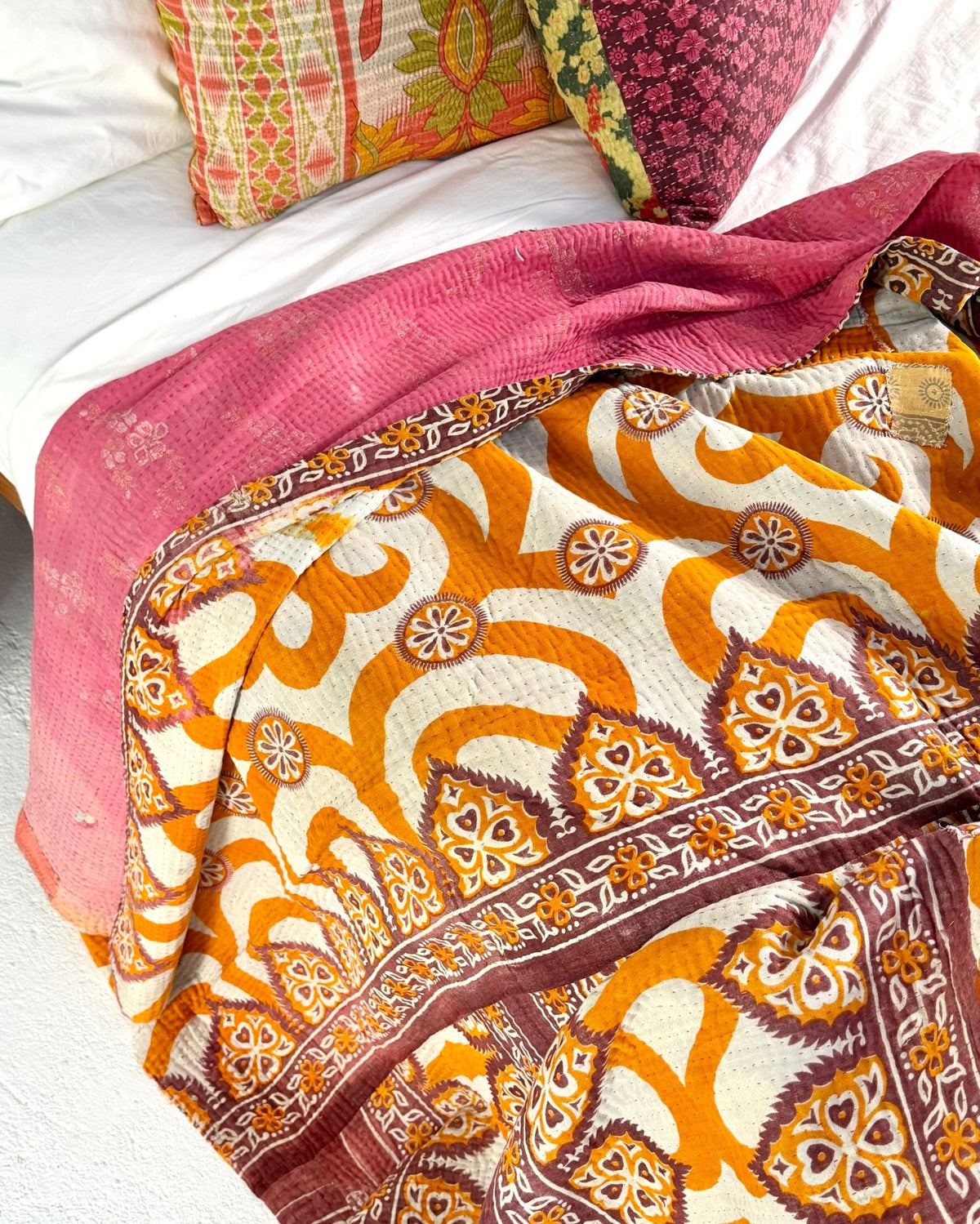 Fine Stitched Vintage Kantha Quilt with Geometric Orange Patterns - Biggs & Hill