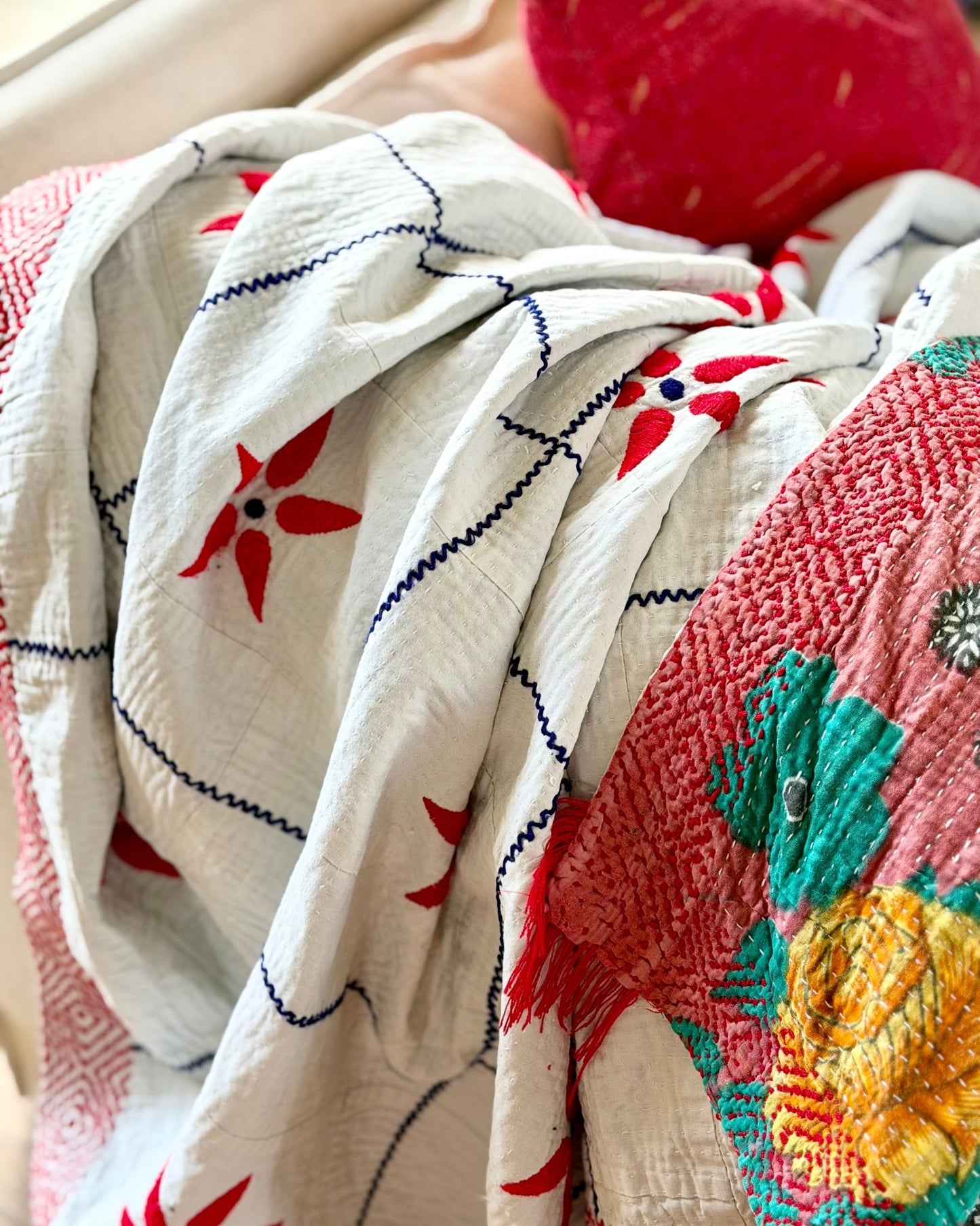 Large Embroidered Vintage Kantha Quilt in White With Red Flower Pattern - Biggs & Hill