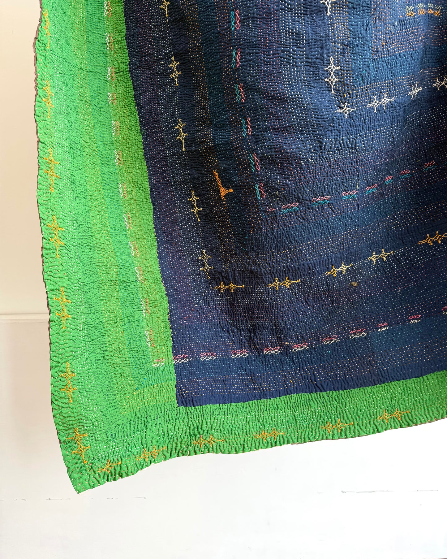 Vintage Embroidered Saami Ralli Quilt in Dark Blue, Green With Brown Colour Block Reverse