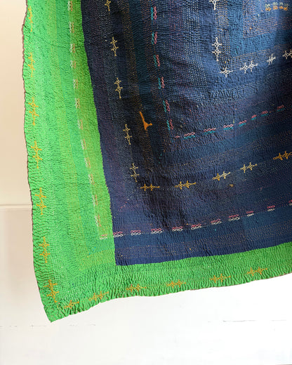 Vintage Embroidered Saami Ralli Quilt in Dark Blue, Green With Brown Colour Block Reverse