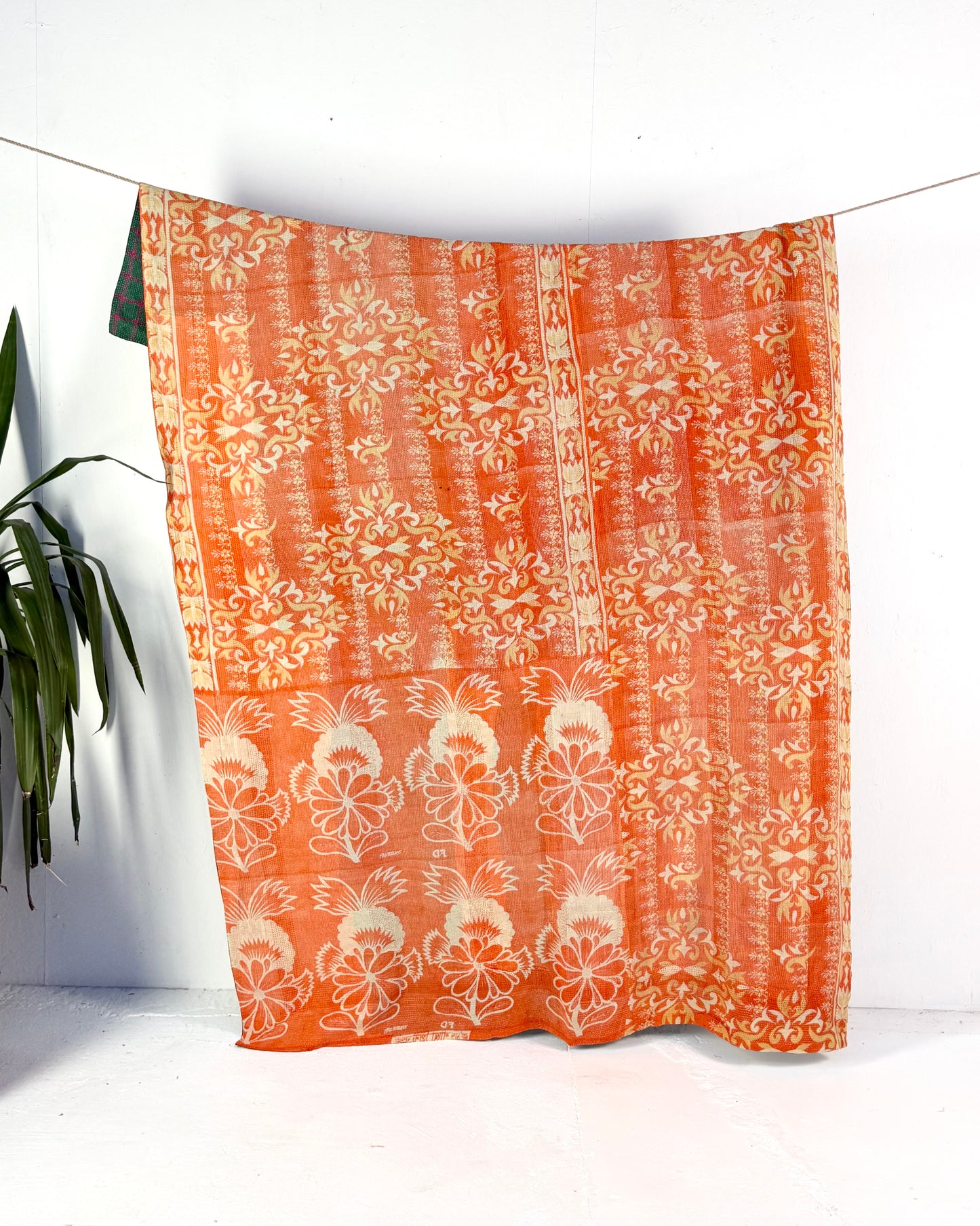 Large Fine Stitched Vintage Kantha Quilt in Orange and Green