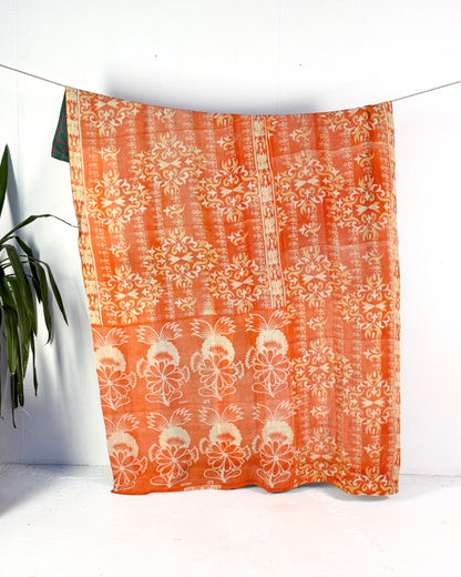 Large Fine Stitched Vintage Kantha Quilt in Orange and Green