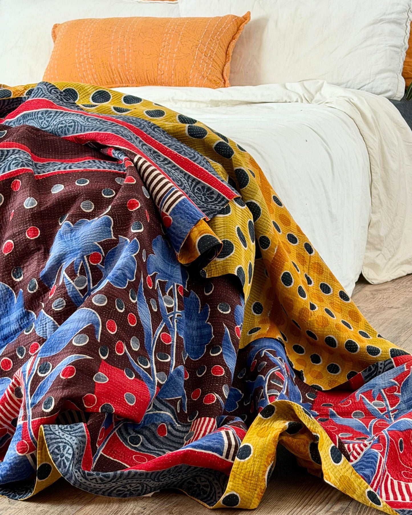 Fine Stitched Vintage Kantha Quilt With Yellow Dots and Blue Floral - Biggs & Hill