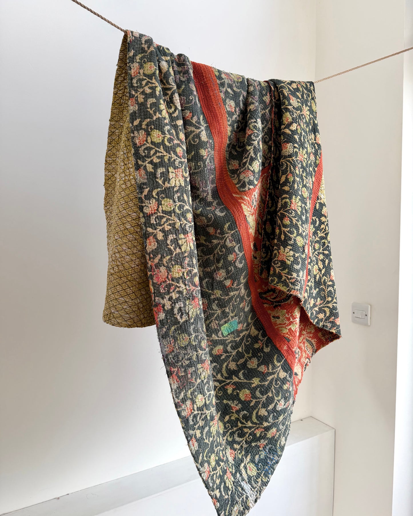 Hand Block Printed Fine Stitched Vintage Kantha Quilt In Muted Blue-Green and Orange