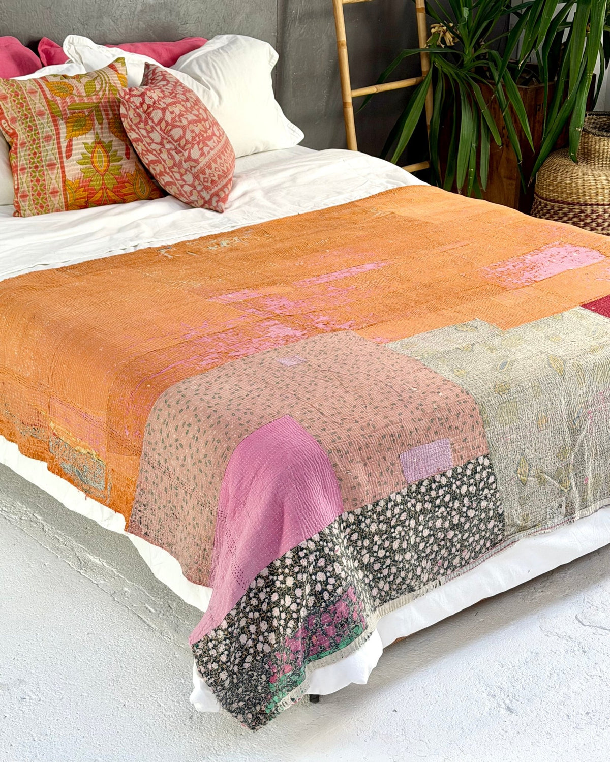 Textured Vintage Kantha Quilt in Patchwork Pink, Orange and Blue - Biggs & Hill