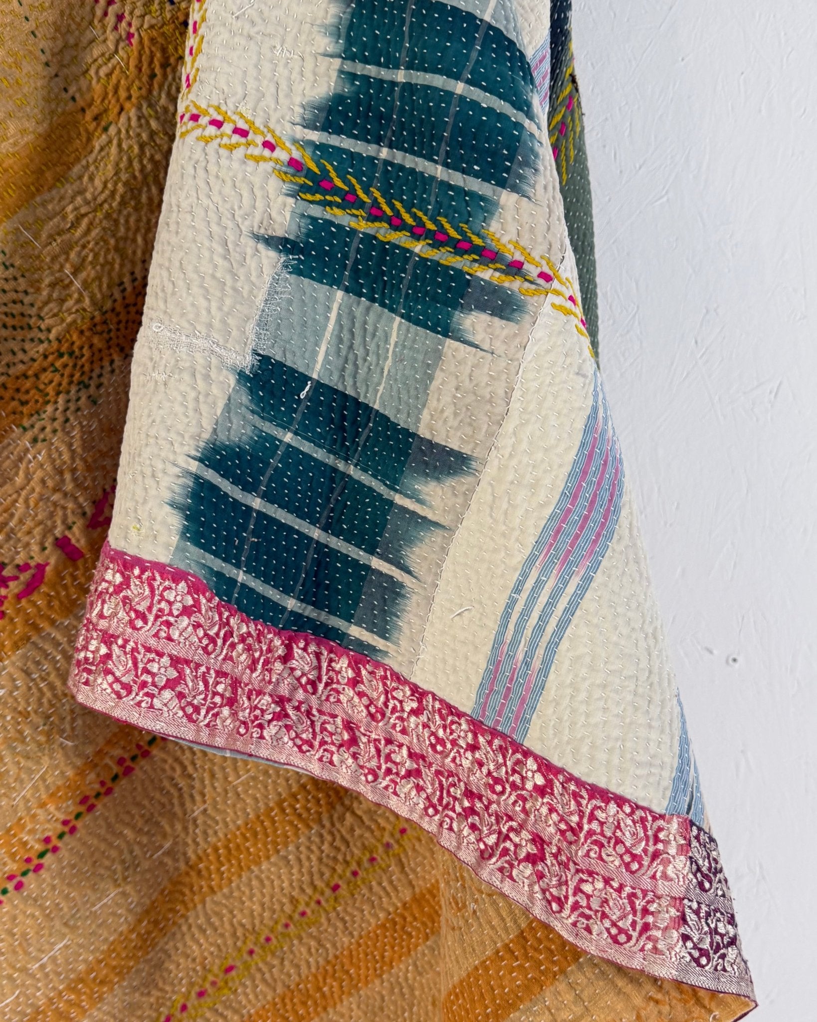 Heavy Fine Stitched Embroidered Vintage Kantha Quilt in Yellow, Pink and Blue - Biggs & Hill