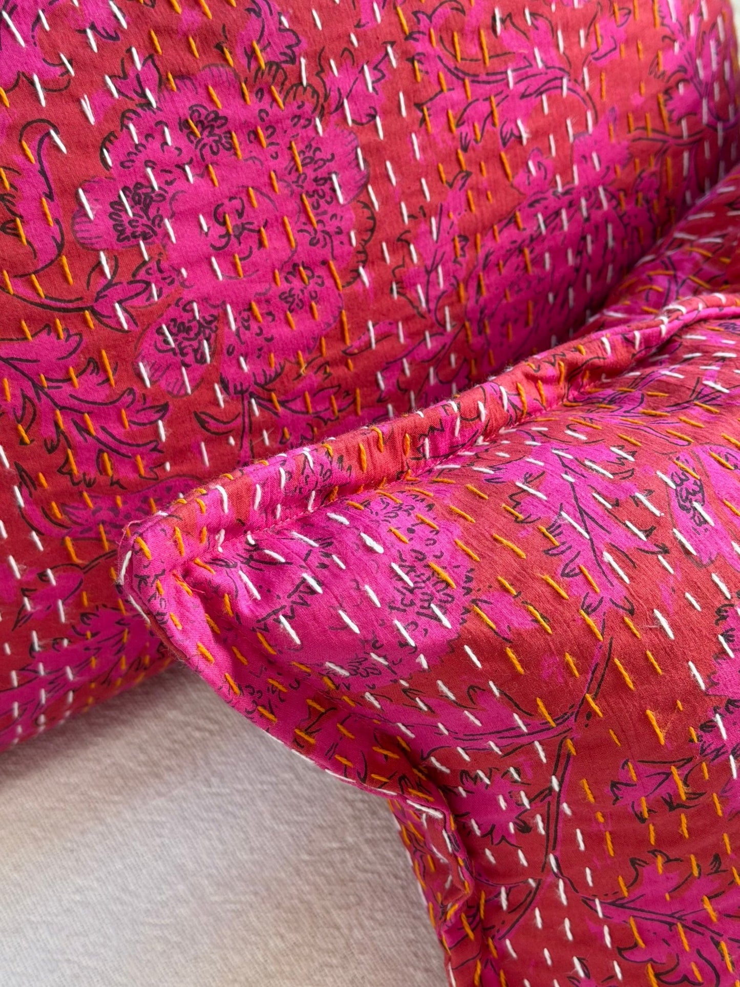 Pink Floral Block Printed Hand Stitched Rectangular Kantha Cushion - Biggs & Hill