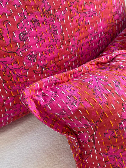 Pink Floral Block Printed Hand Stitched Rectangular Kantha Cushion - Biggs & Hill