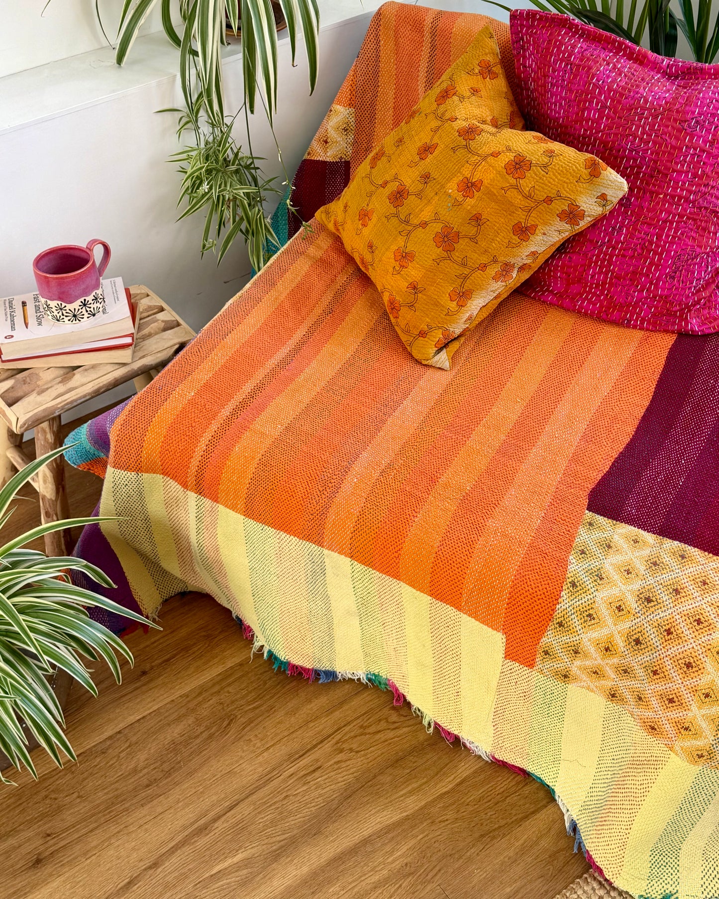 Large Heavy Kantha Blanket Quilt in Pink, Orange and Blue Colour Block
