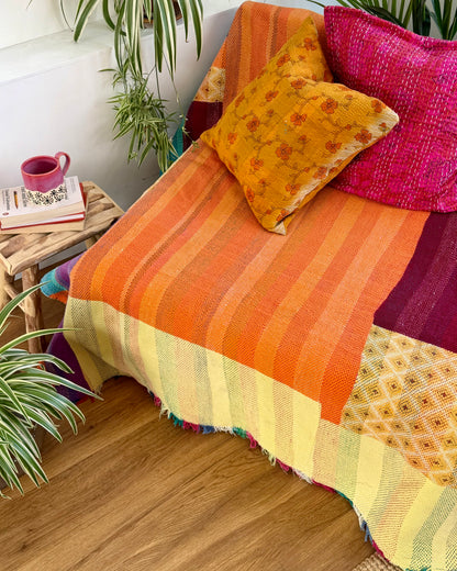 Large Heavy Kantha Blanket Quilt in Pink, Orange and Blue Colour Block